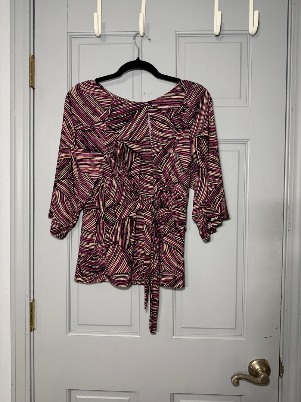 Kasper Pink and Black Geometric Tie-Front Blouse